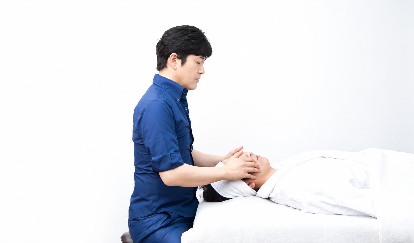 お顔の施術を行っているところ